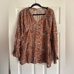 C&C California Orange Floral V-Neck Long Sleeve Blouse